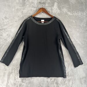 Chico’s Black Ponte Knit Faux Leather Trim Stud Sleeve Tunic Top Womens Size L